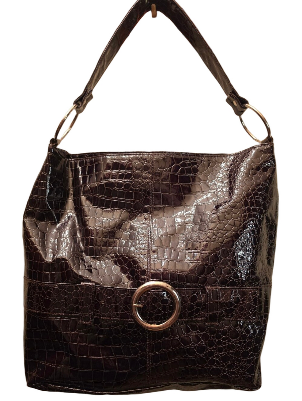 Brown Croc Embossed Patent Hobo Shoulder Bag Y2K Ring Hardware Large Tote